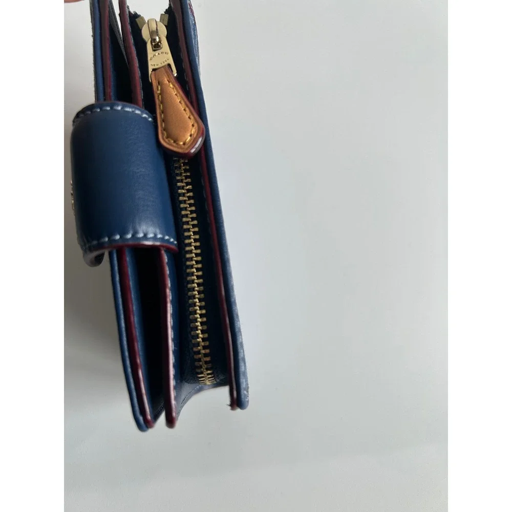 Coach Medium Corner Zip Wallet Navy Blue Signature Chambray Leather Excellent